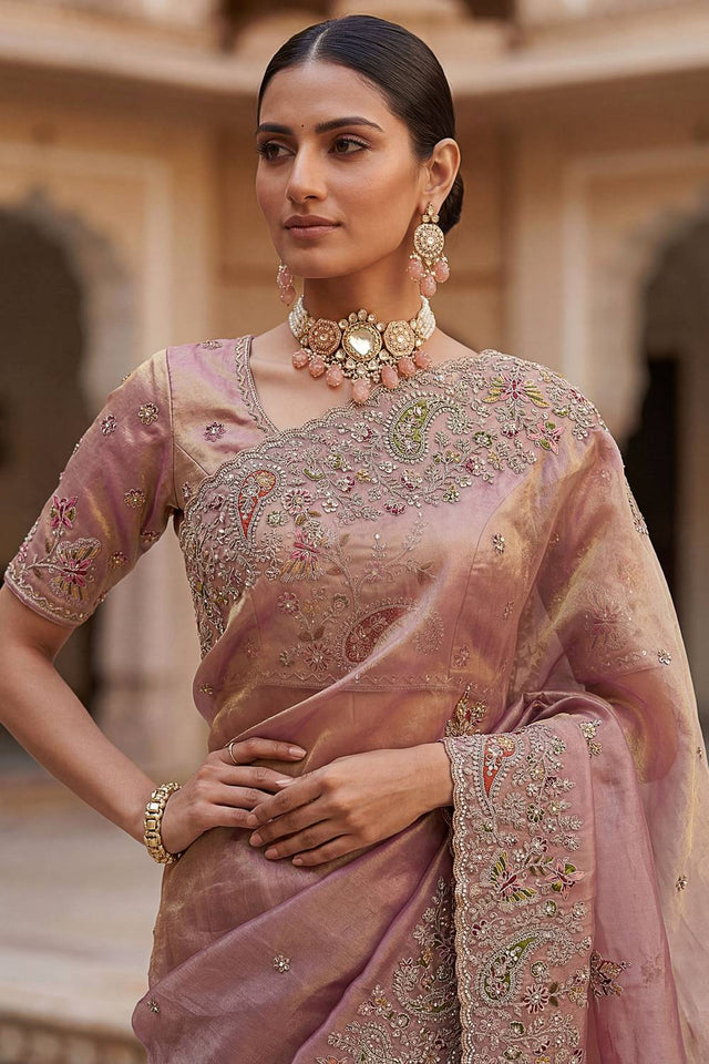 Mauve Sequin & Stone Embellished Silk Saree (ACA6925)
