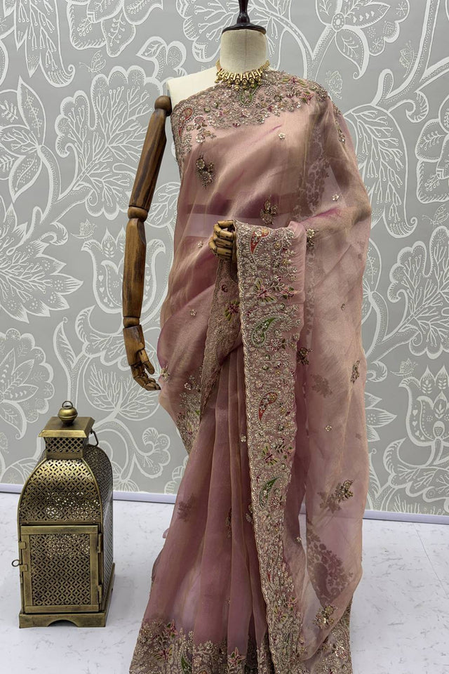 Mauve Sequin & Stone Embellished Silk Saree (ACA6925)