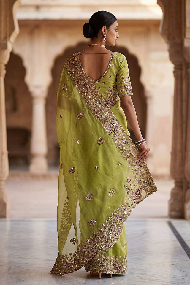 Green Sequin & Stone Embellished Silk Saree (ACA6926)