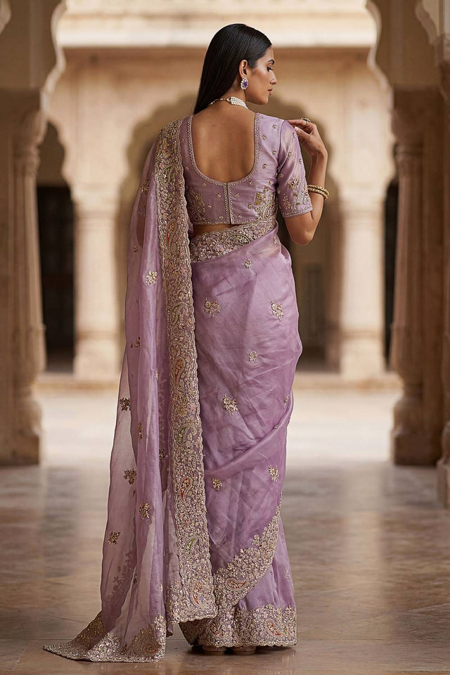 Lavender Sequin & Stone Embellished Silk Saree (ACA6927)