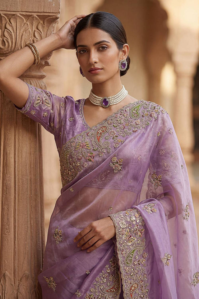 Lavender Sequin & Stone Embellished Silk Saree (ACA6927)