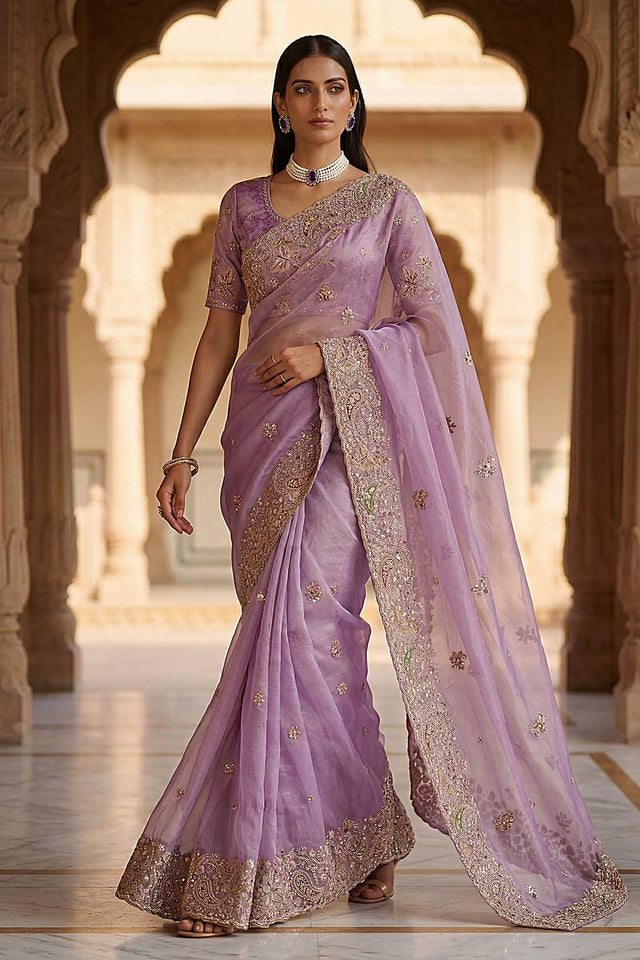 Lavender Sequin & Stone Embellished Silk Saree (ACA6927)
