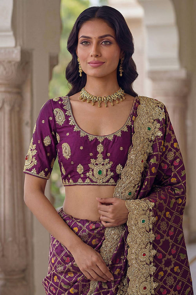 Violet Sequin & Stone Embellished Banarasi Silk Saree (ACA6928)