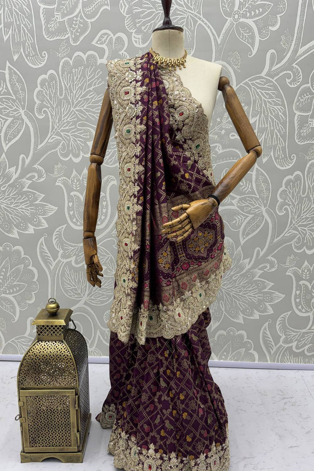 Violet Sequin & Stone Embellished Banarasi Silk Saree (ACA6928)