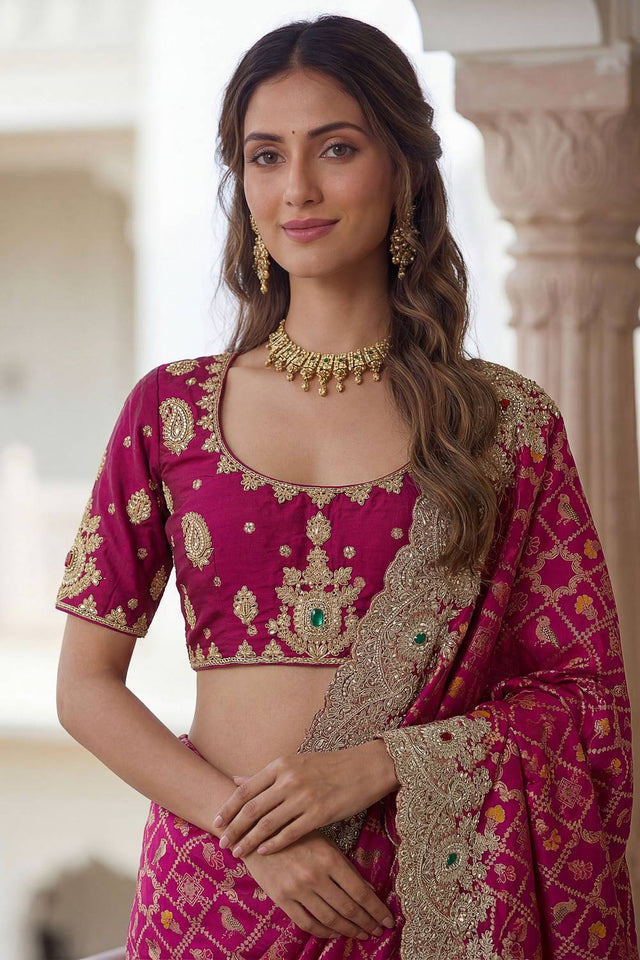 Pink Sequin & Stone Embellished Banarasi Silk Saree (ACA6931)