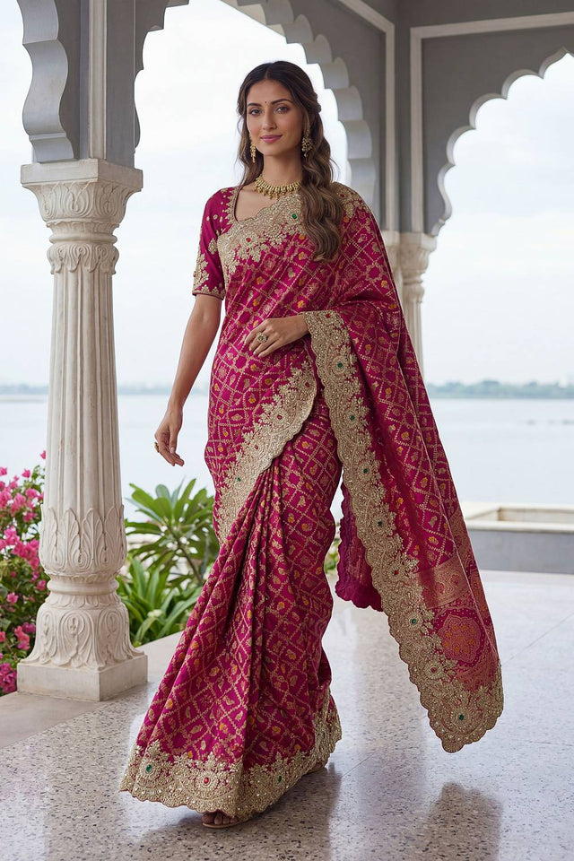 Pink Sequin & Stone Embellished Banarasi Silk Saree (ACA6931)
