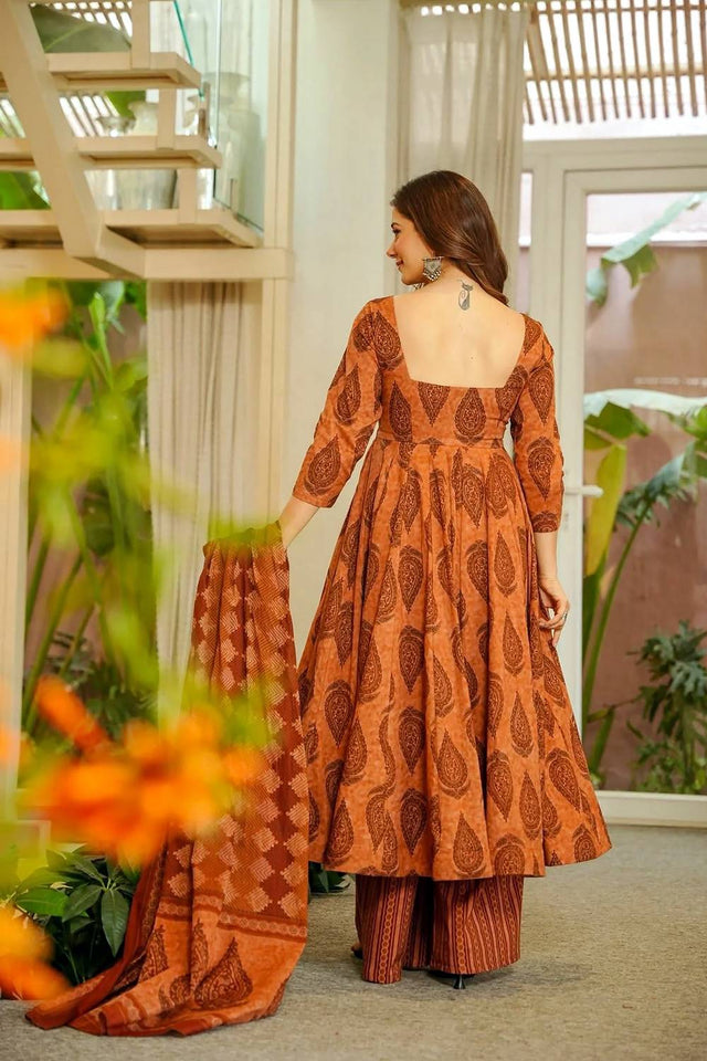Orange Printed Muslin Kurti Palazzo Set (ACA6935)
