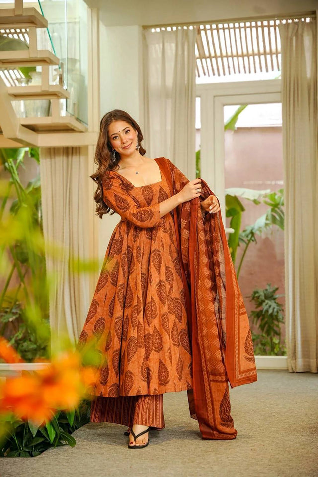 Orange Printed Muslin Kurti Palazzo Set (ACA6935)