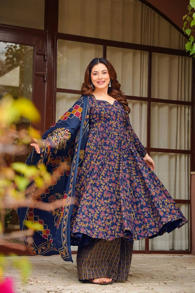 Blue Floral Printed Muslin Kurti Palazzo Set (ACA6936)