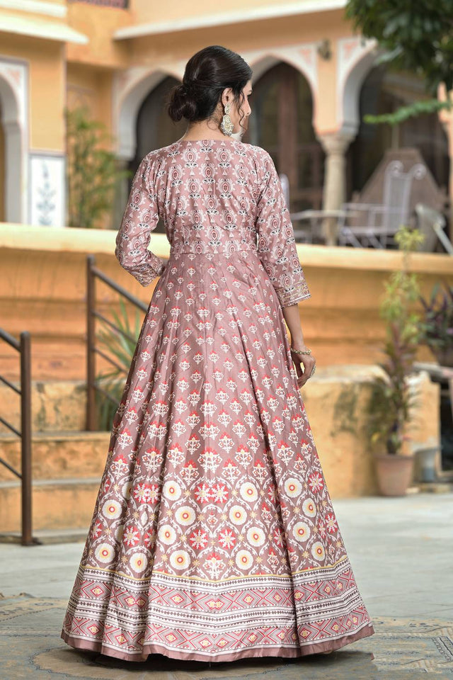 Mauve Floral Printed Silk Gown (ACA6938)