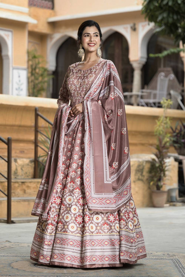 Mauve Floral Printed Silk Gown (ACA6938)
