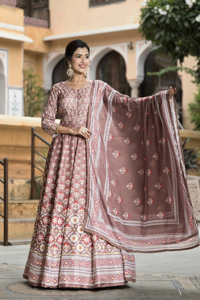 Mauve Floral Printed Silk Gown (ACA6938)