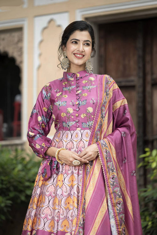 Pink Printed Silk Gown (ACA6939)