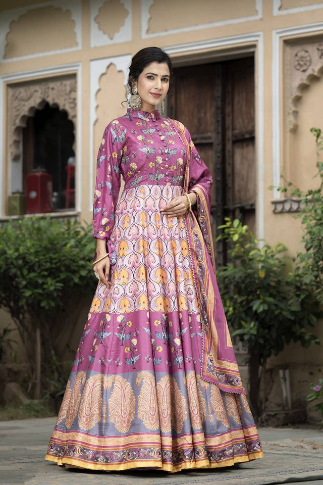 Pink Printed Silk Gown (ACA6939)
