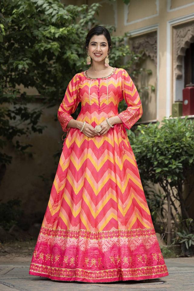 Red Printed Silk Gown (ACA6940)