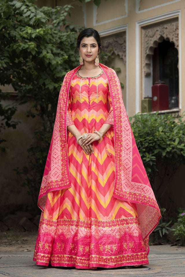 Red Printed Silk Gown (ACA6940)