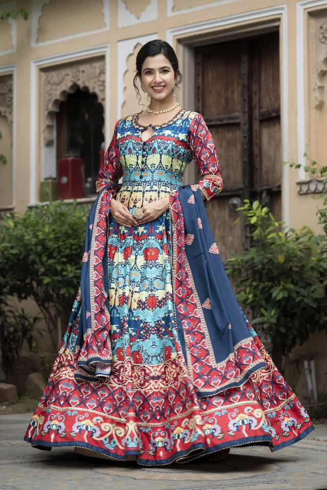 Blue Printed Silk Gown (ACA6941)