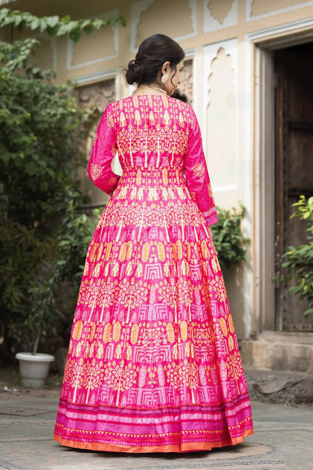 Pink Printed Silk Gown (ACA6942)