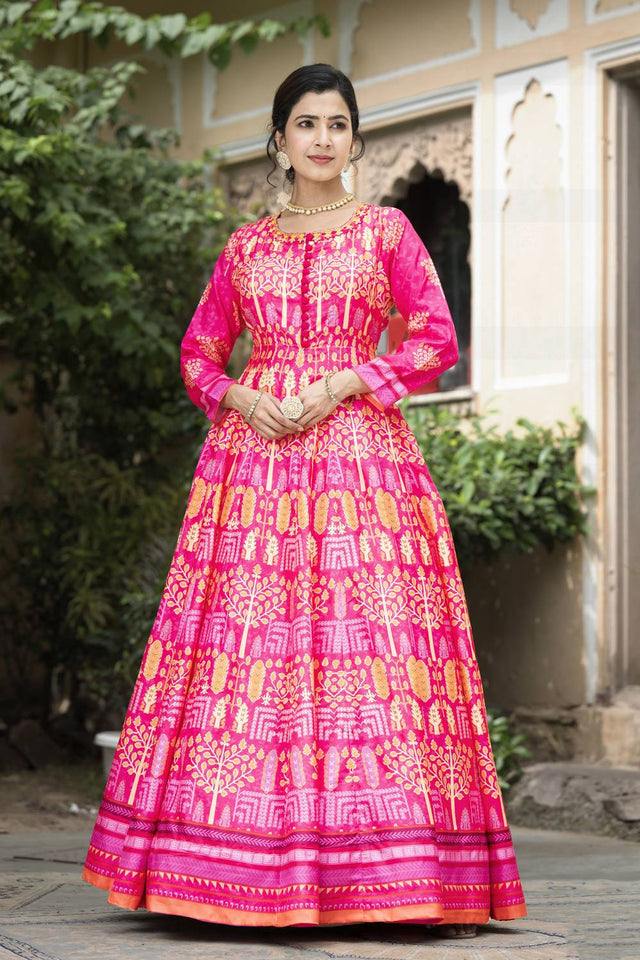 Pink Printed Silk Gown (ACA6942)