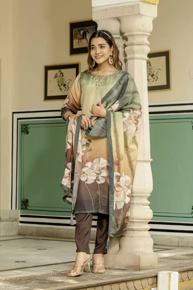 Green Floral Printed Silk Kurti Pant Set (ACA6944)
