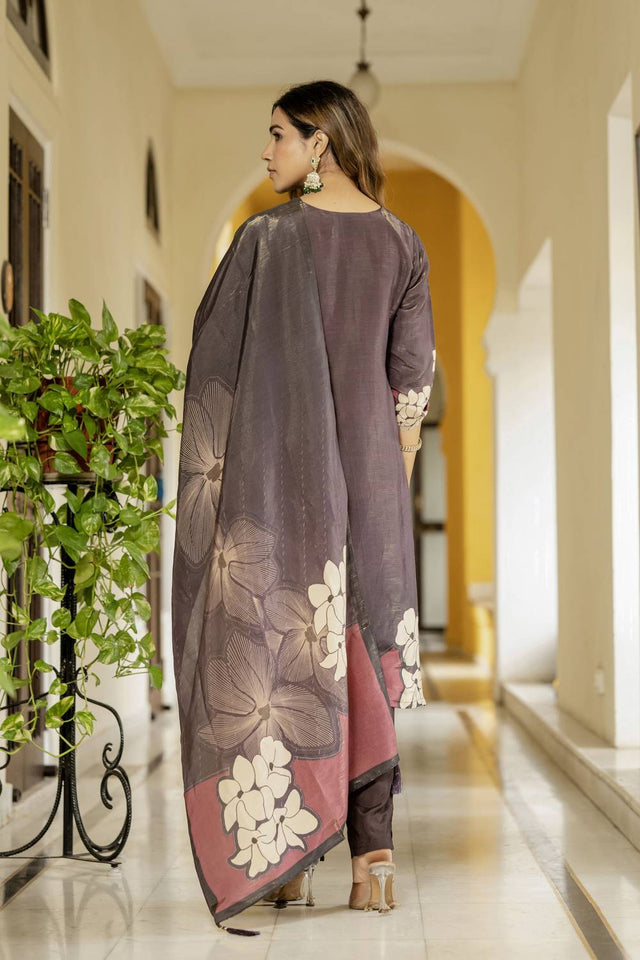 Brown Floral Printed Silk Kurti Pant Set (ACA6946)