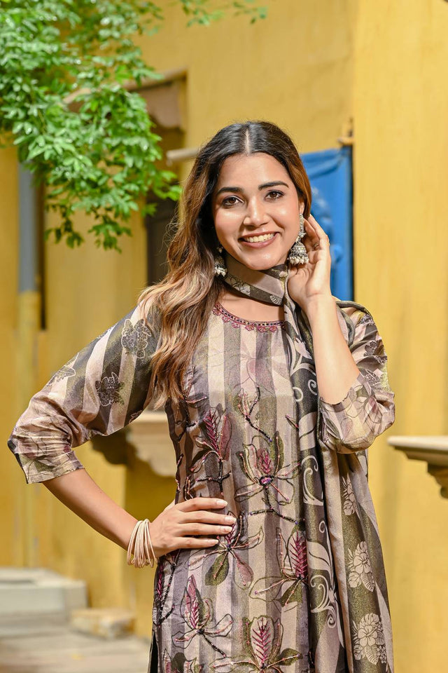 Green Sequin With Floral Printed Silk Kurti Pant Set (ACA6948)