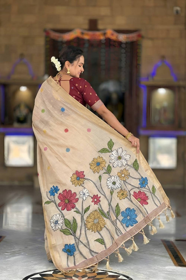 Cream Floral Woven Cotton Blend Saree (ACA6950)