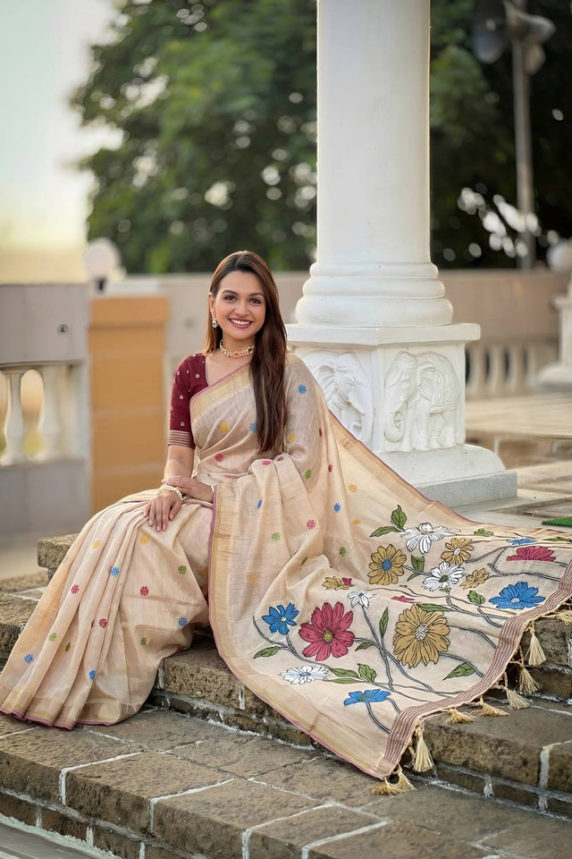 Cream Floral Woven Cotton Blend Saree (ACA6950)