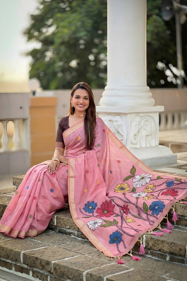 Pink Floral Woven Cotton Blend Saree (ACA6951)