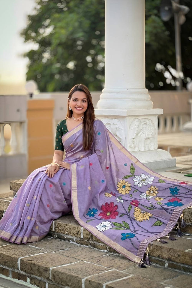 Lavender Floral Woven Cotton Blend Saree (ACA6952)
