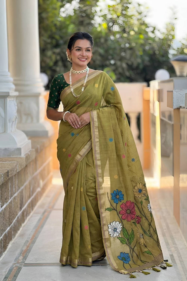 Mehendi Floral Woven Cotton Blend Saree (ACA6953)