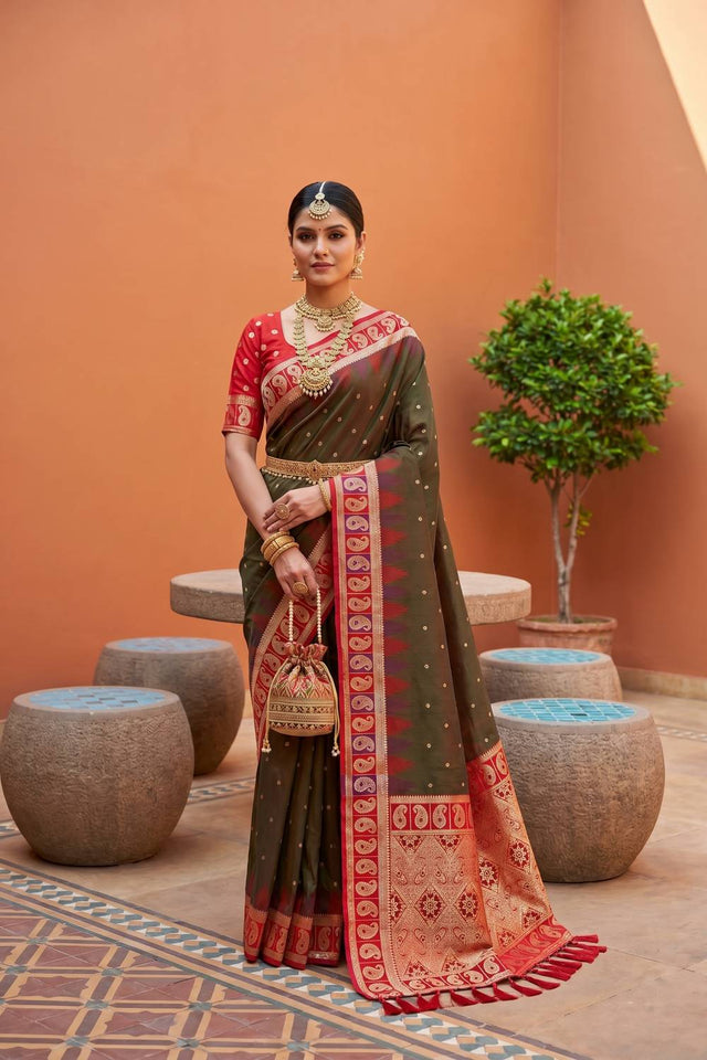 Mehendi Woven Silk Saree (ACA6959)