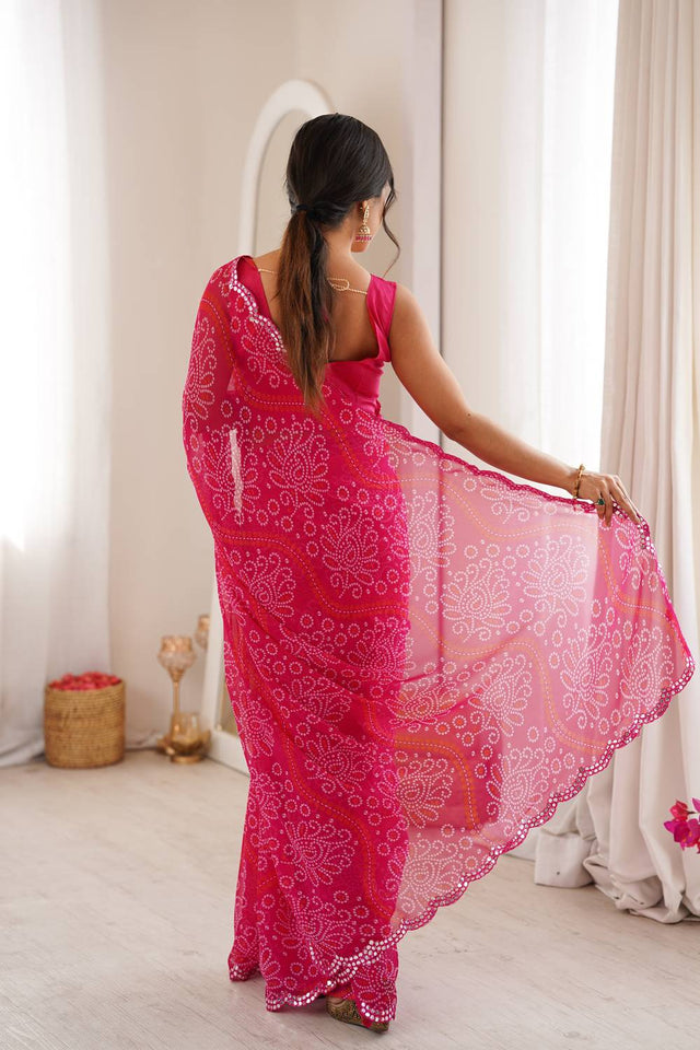 Pink Bandhani Printed with Mirror Embroidered Border Georgette Saree (ACA6969)