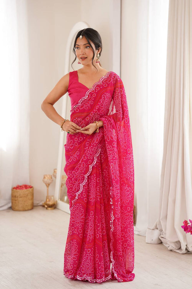 Pink Bandhani Printed with Mirror Embroidered Border Georgette Saree (ACA6969)