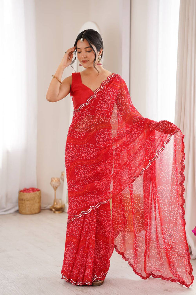 Red Bandhani Printed with Mirror Embroidered Border Georgette Saree (ACA6970)