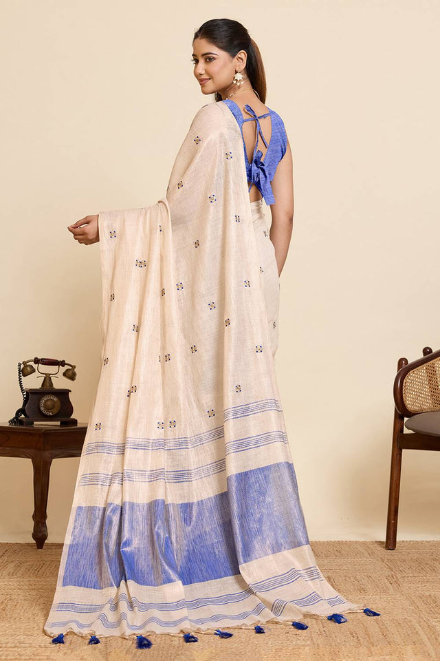 Beige Woven with Embroidered Work Linen Blend Saree (ACA6976)