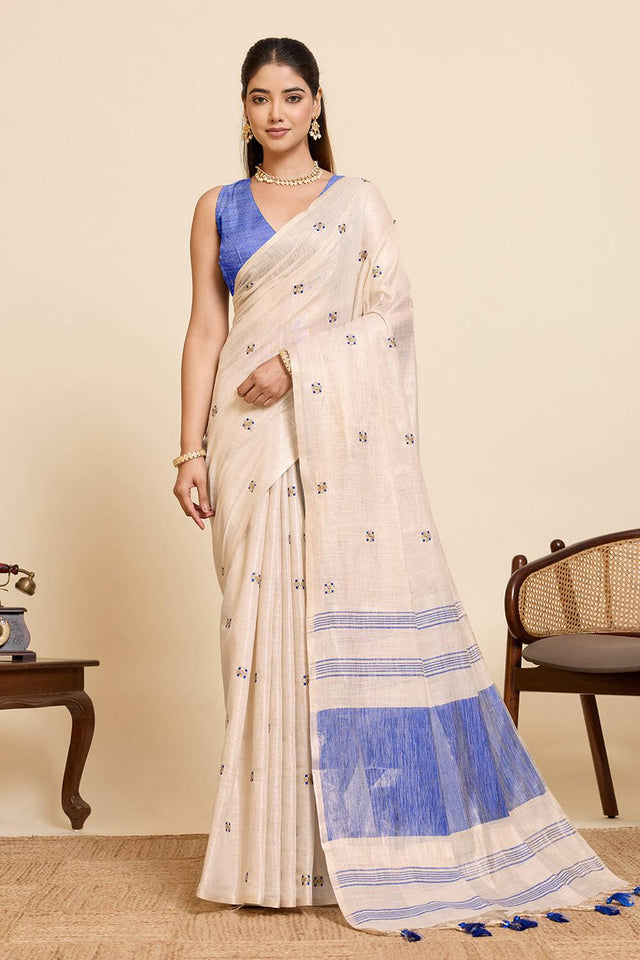 Beige Woven with Embroidered Work Linen Blend Saree (ACA6976)