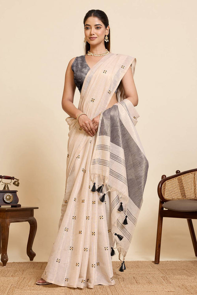 Beige Woven with Embroidered Work Linen Blend Saree (ACA6978)