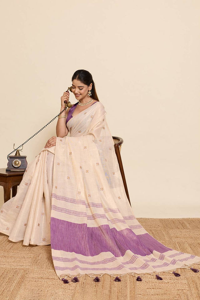 Beige Woven with Embroidered Work Linen Blend Saree (ACA6979)