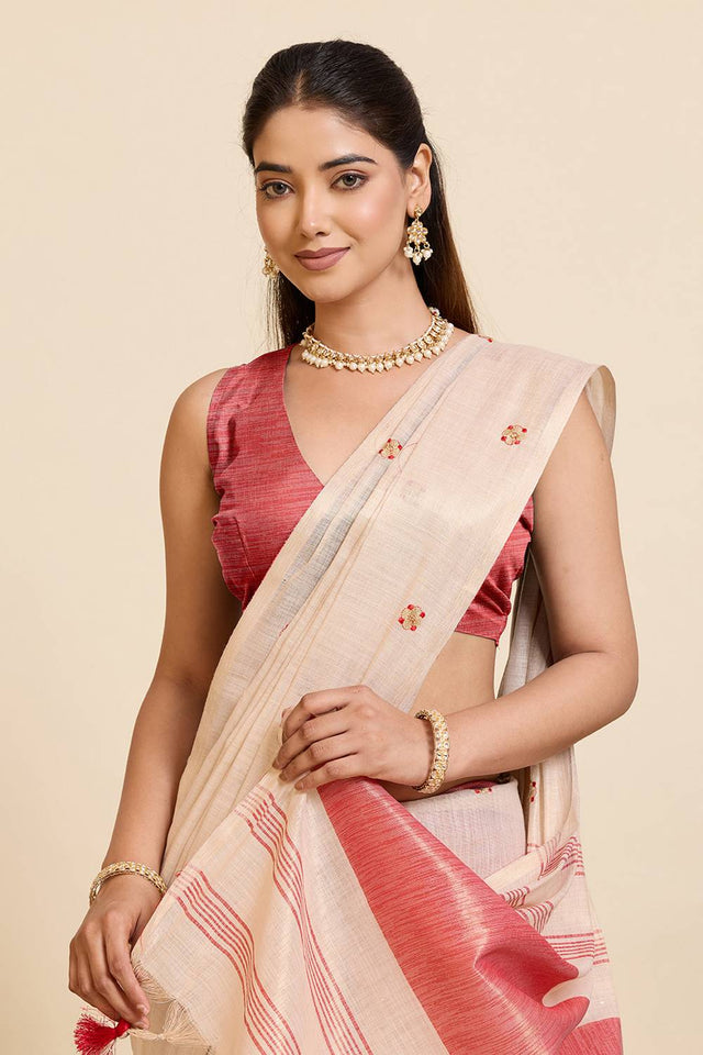 Beige Woven with Embroidered Work Linen Blend Saree (ACA6982)