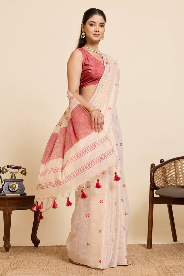 Beige Woven with Embroidered Work Linen Blend Saree (ACA6982)
