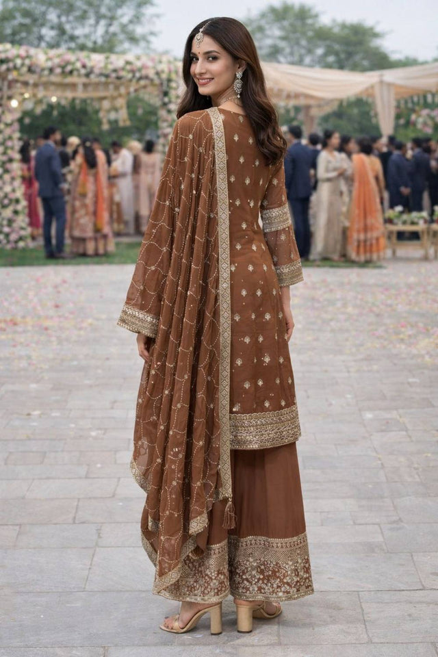 Free Size Stitched Brown Floral Embroidered Georgette Palazzo Suit (ACA6993)