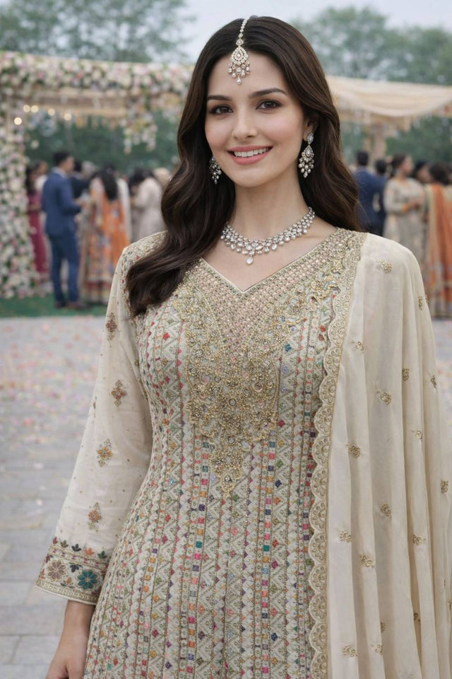 Free Size Stitched Cream Floral Embroidered Georgette Palazzo Suit (ACA6994)