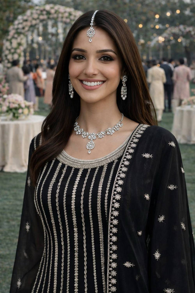 Free Size Stitched Black Floral Embroidered Georgette Palazzo Suit (ACA6995)