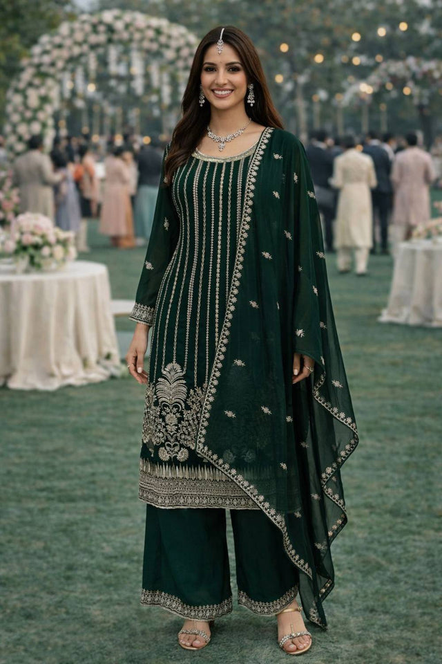 Free Size Stitched Green Floral Embroidered Georgette Palazzo Suit (ACA6996)