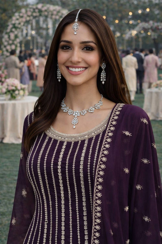 Free Size Stitched Wine Floral Embroidered Georgette Palazzo Suit (ACA6997)