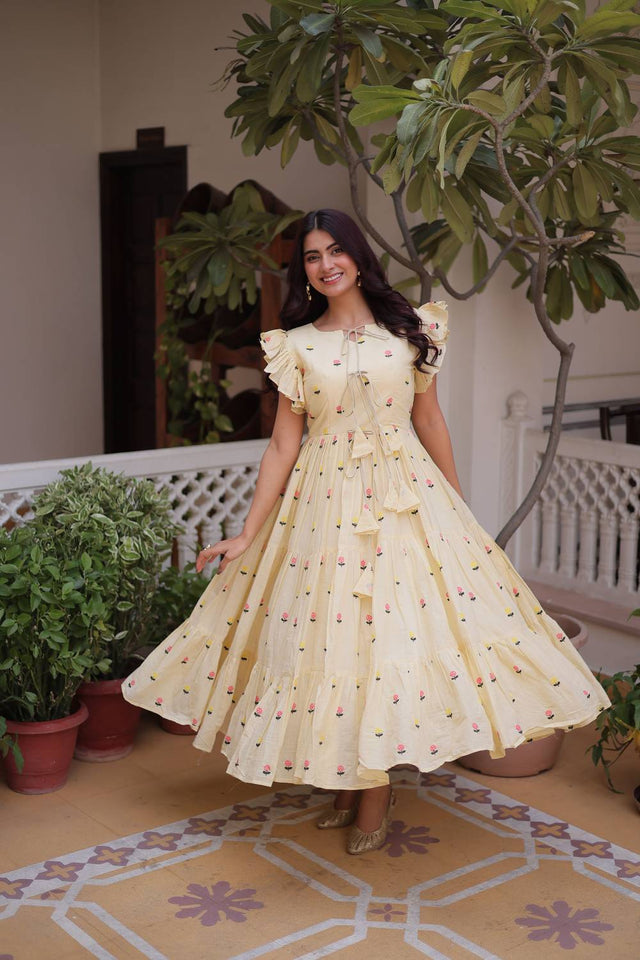 Cream Floral Embroidered Cotton Dresses (ACA6999)