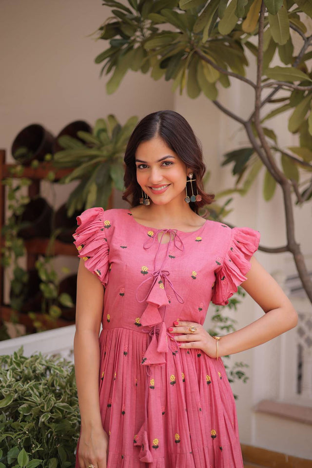 Pink Floral Embroidered Cotton Dresses (ACA7000)