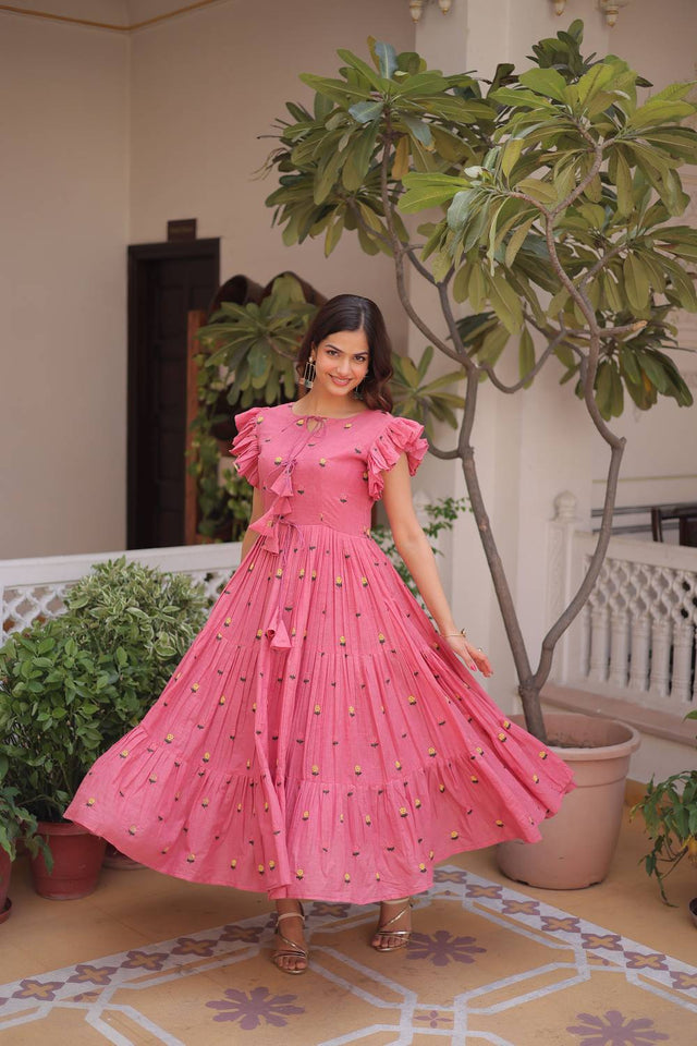 Pink Floral Embroidered Cotton Dresses (ACA7000)