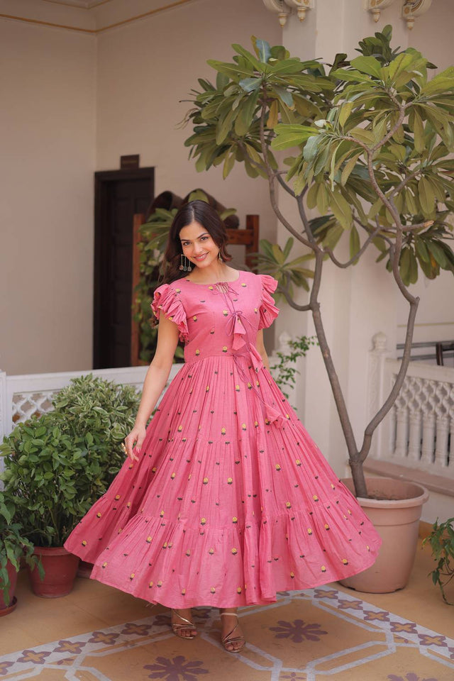 Pink Floral Embroidered Cotton Dresses (ACA7000)